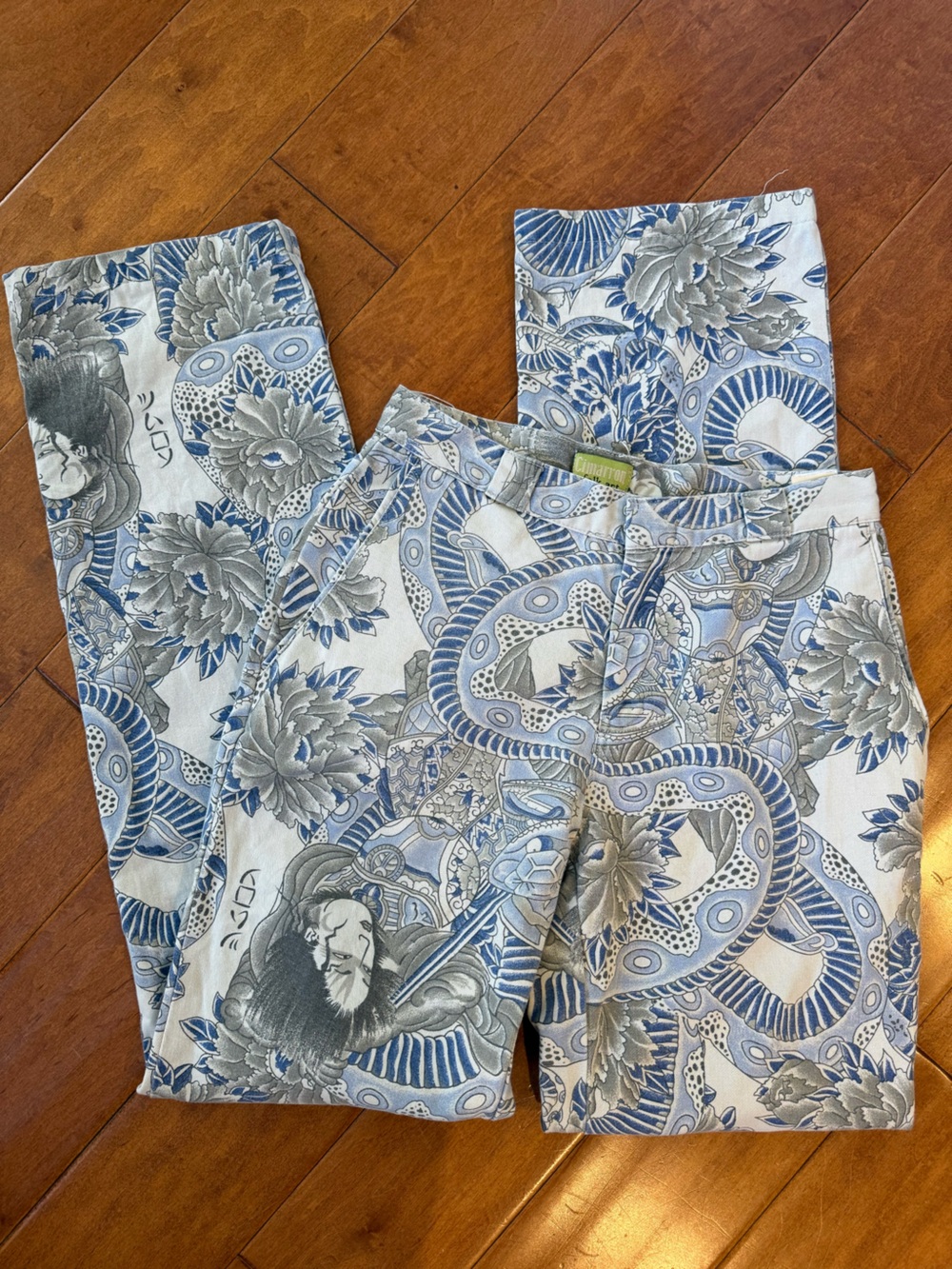 Cimarron Folk Art Y2K Light Blue & Gray Printed Womens Straight Leg Pants Small